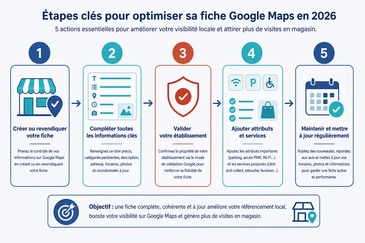 Attirer plus de visites en magasin avec Google Maps sans dépenser plus en pub - ADN DIGITAL Consultant SEO Mâcon (Saône-et-Loire), Consultant SEO Bourg-en-Bresse (Ain), Consultant SEO Lyon (Rhône) Attirer plus de visites en magasin avec Google Maps sans dépenser plus en pub , Étapes clés pour optimiser sa fiche Google Maps en 2026