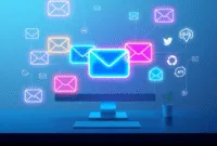 A modern digital workspace with glowing chat bubbles, message icons, email, phone, social media symbols, and AI motifs on a sleek, gradient backgro... A modern digital workspace with glowing chat bubbles, message icons, email, phone, social media symbols, and AI motifs on a sleek, gradient backgro...