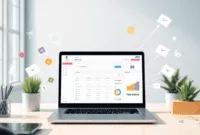 Bright modern workspace with laptop showing a clean ecommerce dashboard, surrounded by floating shopping carts, packages, credit cards, and vibrant... Bright modern workspace with laptop showing a clean ecommerce dashboard, surrounded by floating shopping carts, packages, credit cards, and vibrant...