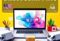 Modern eCommerce workspace with laptop showing online store, delivery trucks, boxes, US and Canadian supplier icons, symbolizing fast shipping and ... Modern eCommerce workspace with laptop showing online store, delivery trucks, boxes, US and Canadian supplier icons, symbolizing fast shipping and ...