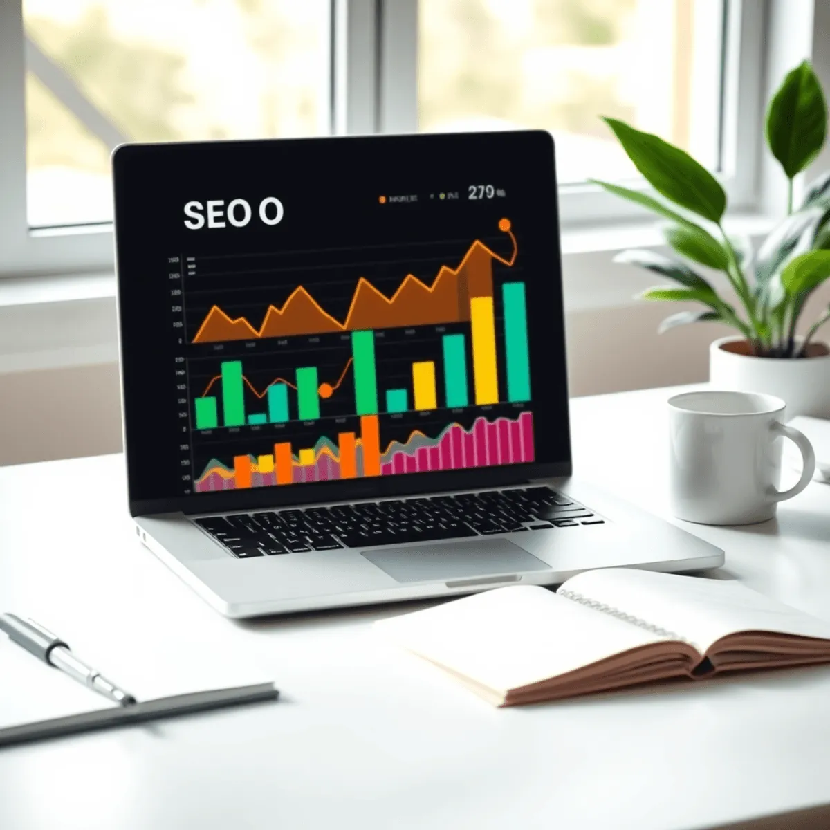 Modern workspace with laptop showing colorful SEO graphs, coffee cup, and notebook, bathed in soft natural light for a clear, simple digital market...