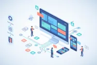 Isometric illustration of a modern SaaS workspace showing branded client portals, automated workflow connections, team collaboration, and an AI assistant, visualizing FuseBase features