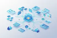 linkee-ai-backlink-outreach-illustration Isometric illustration of AI-driven backlink outreach: a glowing AI core connecting website thumbnails, email envelopes, CRM contact cards, verification checkmarks and metric widgets in a clean blue/teal tech style (no text).