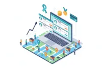 profitable-local-directory-membership-site Isometric illustration of a laptop showing a local business directory with map pins, membership icons, coins and an upward growth arrow — representing a profitable local directory or membership site
