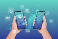 swft-connect-digital-business-card-lead-capture Smartphones exchanging a Swft Connect-style digital business card with scanning waves, floating contact icons and subtle lead-capture analytics