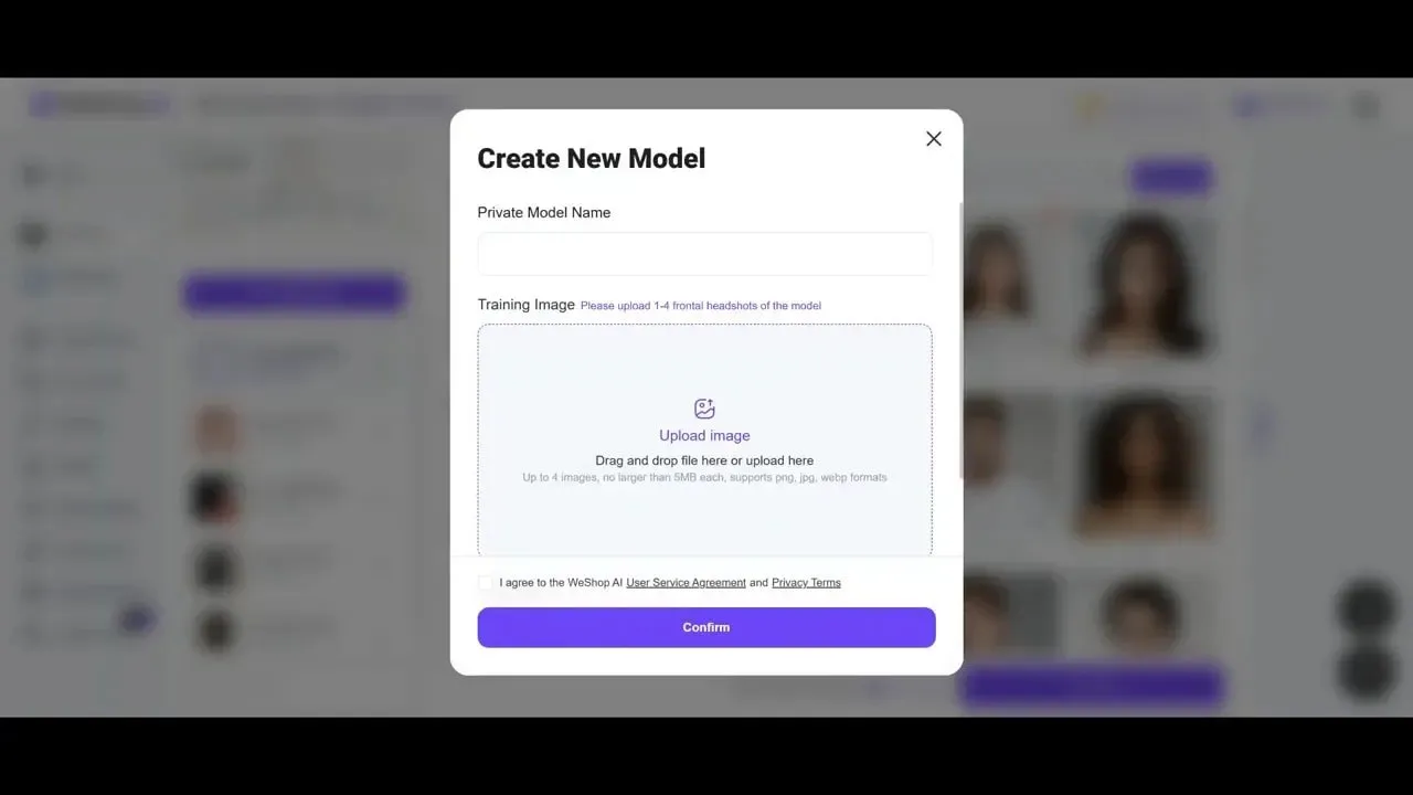 Weshop AI 'Create New Model' upload dialog showing a drag-and-drop area for headshots and a confirm button