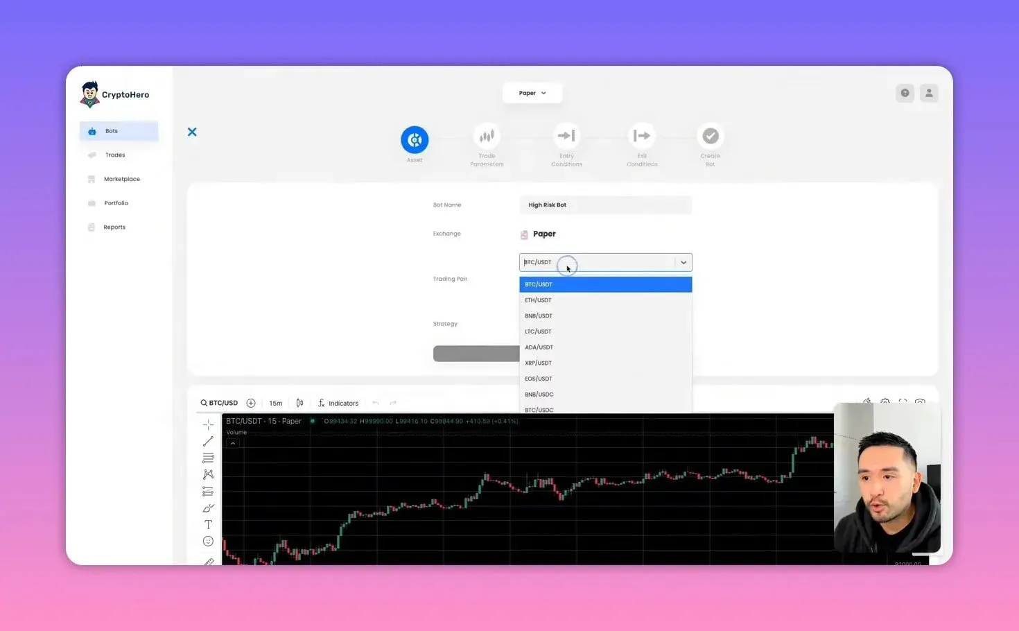 CryptoHero bot builder showing the trading pair dropdown open with BTC/USDT and other pairs in paper mode