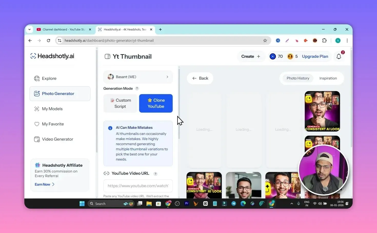 Clear Headshotly thumbnail generator showing generated thumbnail examples and Clone YouTube mode