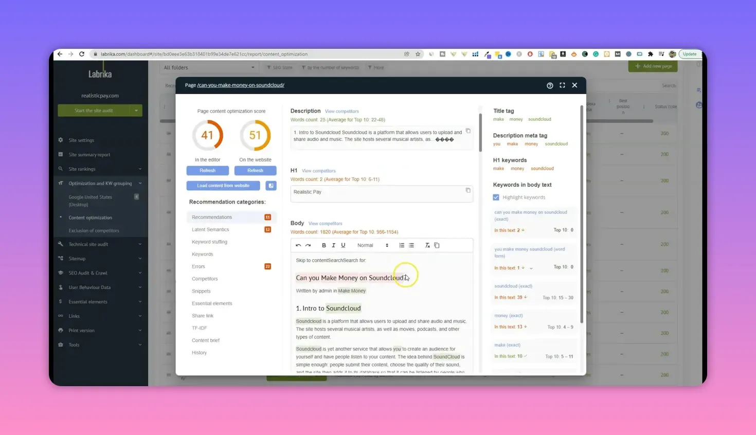 Clear view of Labrika content optimizer showing the page body editor with the headline 'Can you Make Money on Soundcloud?', H1 field and keyword suggestions.