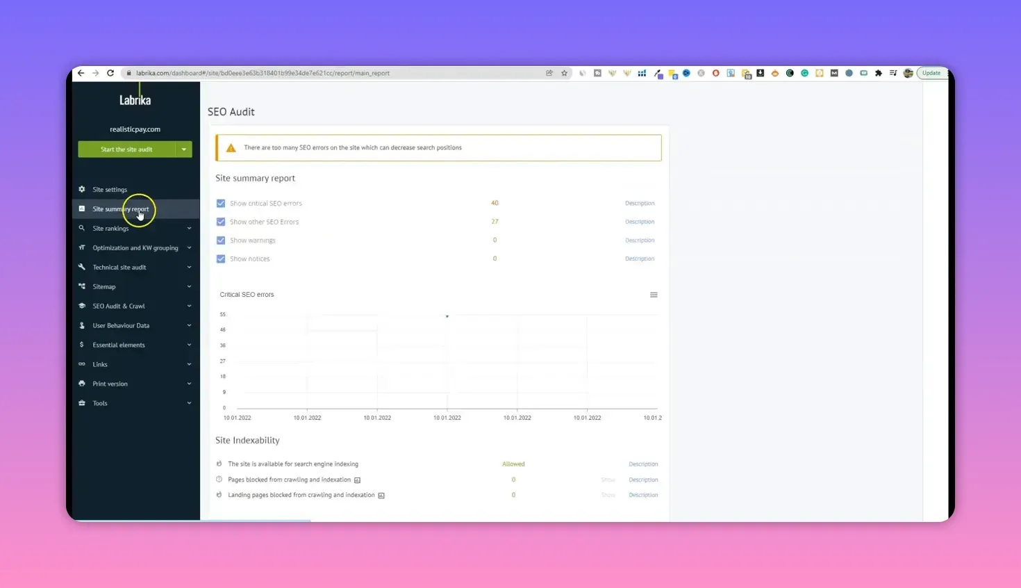 Labrika SEO Audit dashboard showing a warning about SEO errors, site summary stats, and site indexability status.