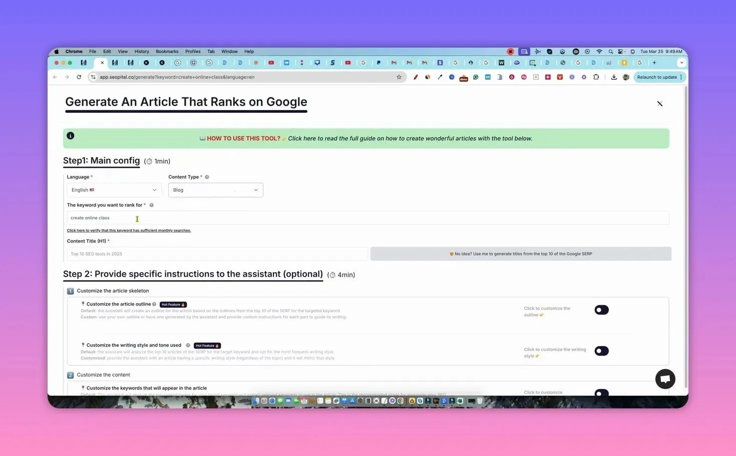 SEOpital content creation UI showing Step 1 main config and Step 2 customization options