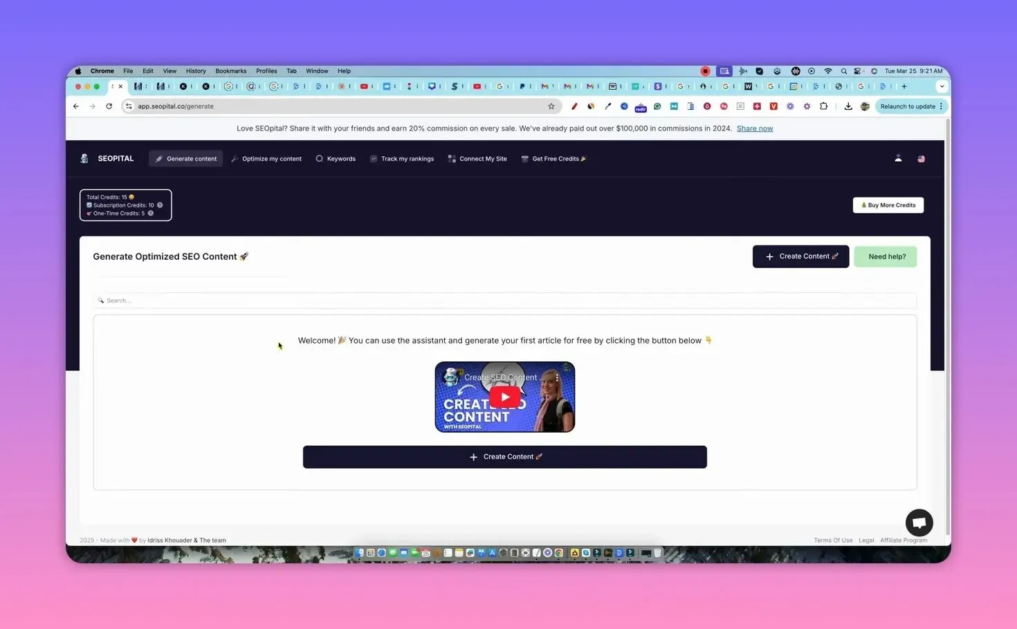 Full view of SEOpital generate content page with welcome video thumbnail and the 'Create Content' button visible in the center
