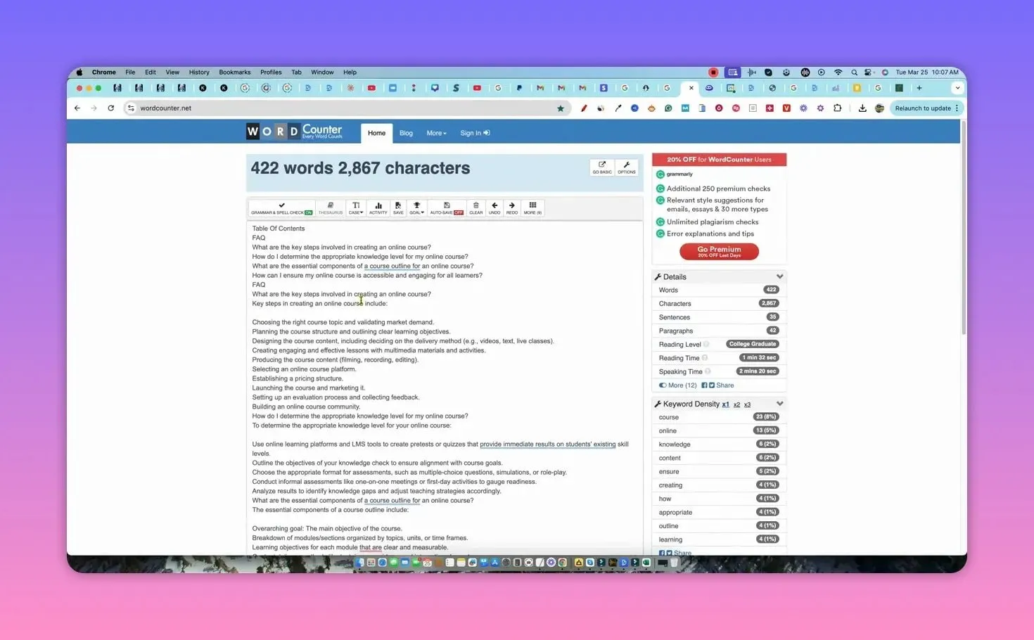 Clear full-page screenshot of WordCounter displaying a generated draft with 422 words and 2,867 characters plus the right-hand details panel.