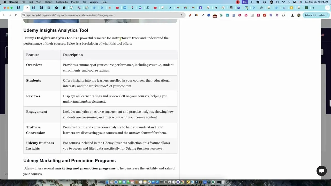 SEOpital-generated table showing Udemy Insights Analytics Tool features and descriptions