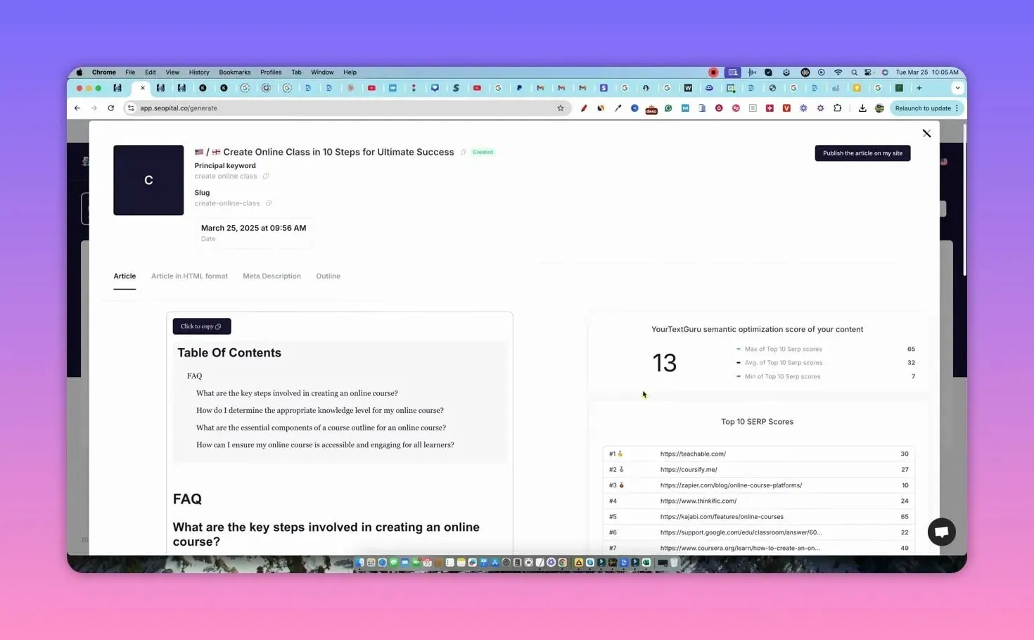 Clear SEOpital optimizer results showing a semantic SER score and top-10 SERP table next to article preview