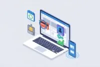 Isometric illustration of a website dashboard transforming into a subscription business with recurring payment icons, membership cards, gears, and growth chart