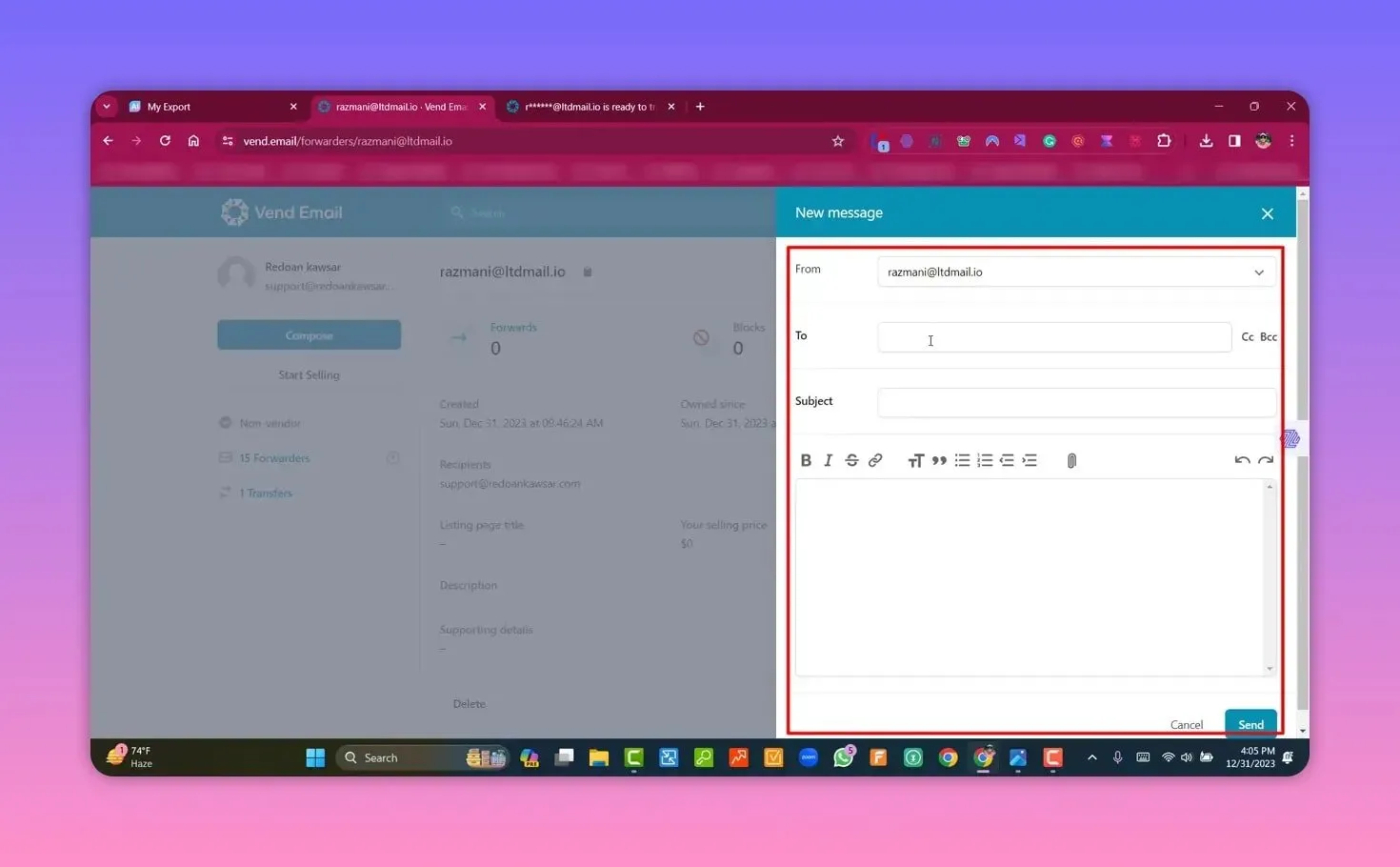 Clear view of Vend Email new message dialog with the From field showing the alias and a large message body editor.