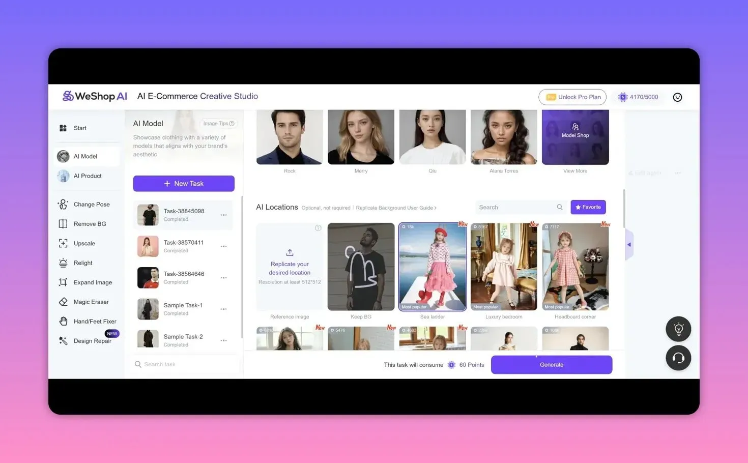 WeShop AI interface highlighting a chosen location thumbnail with model headshots above and the Generate button visible