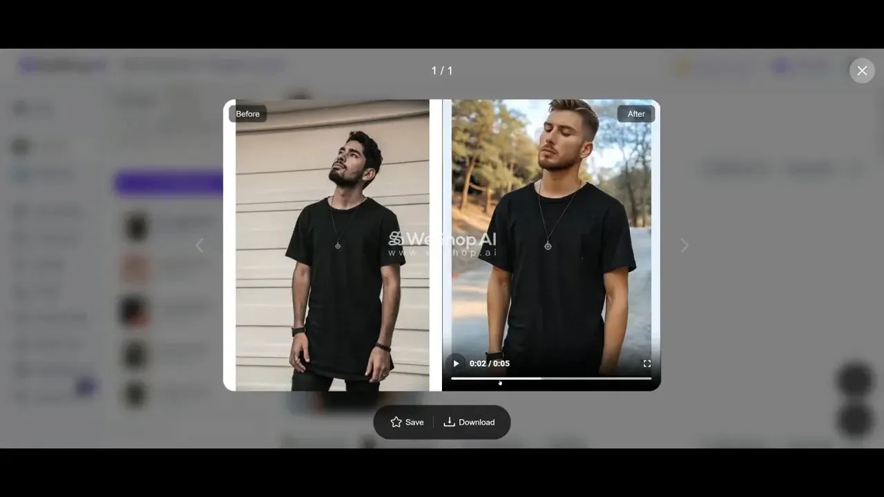 Weshop AI before-and-after video preview showing a 0:05 model clip with playback bar and save/download buttons