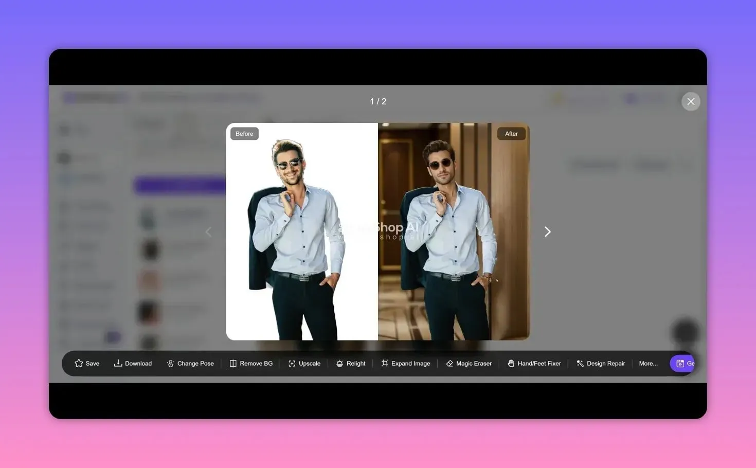 Weshop AI side-by-side before and after product preview with tools toolbar