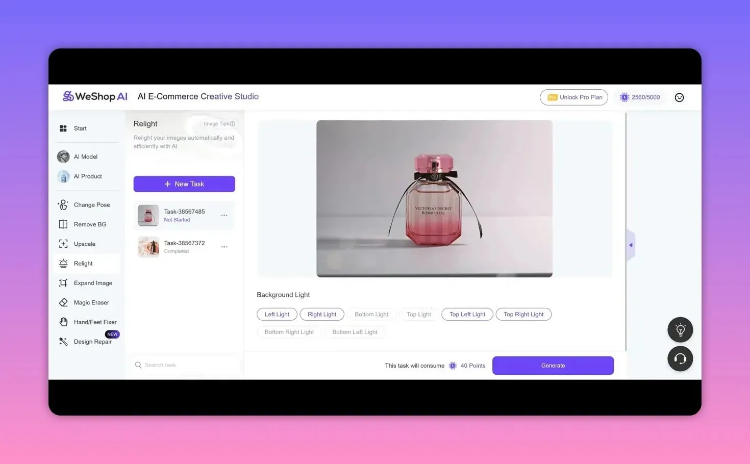 Weshop AI relight interface with product preview, background light presets and Generate button