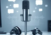 A modern desk with a sleek microphone and headphones, surrounded by abstract sound waves and digital speech bubbles representing voice technology. A modern desk with a sleek microphone and headphones, surrounded by abstract sound waves and digital speech bubbles representing voice technology.