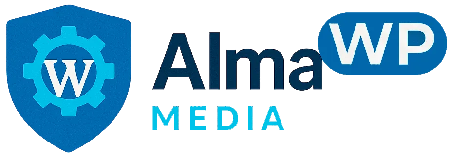 Logotipo de Alma Media con un escudo azul que muestra un engranaje y la letra W junto a un distintivo WP, representando servicios y soporte técnico enfocados en Mantenimiento de páginas webs con WordPress.