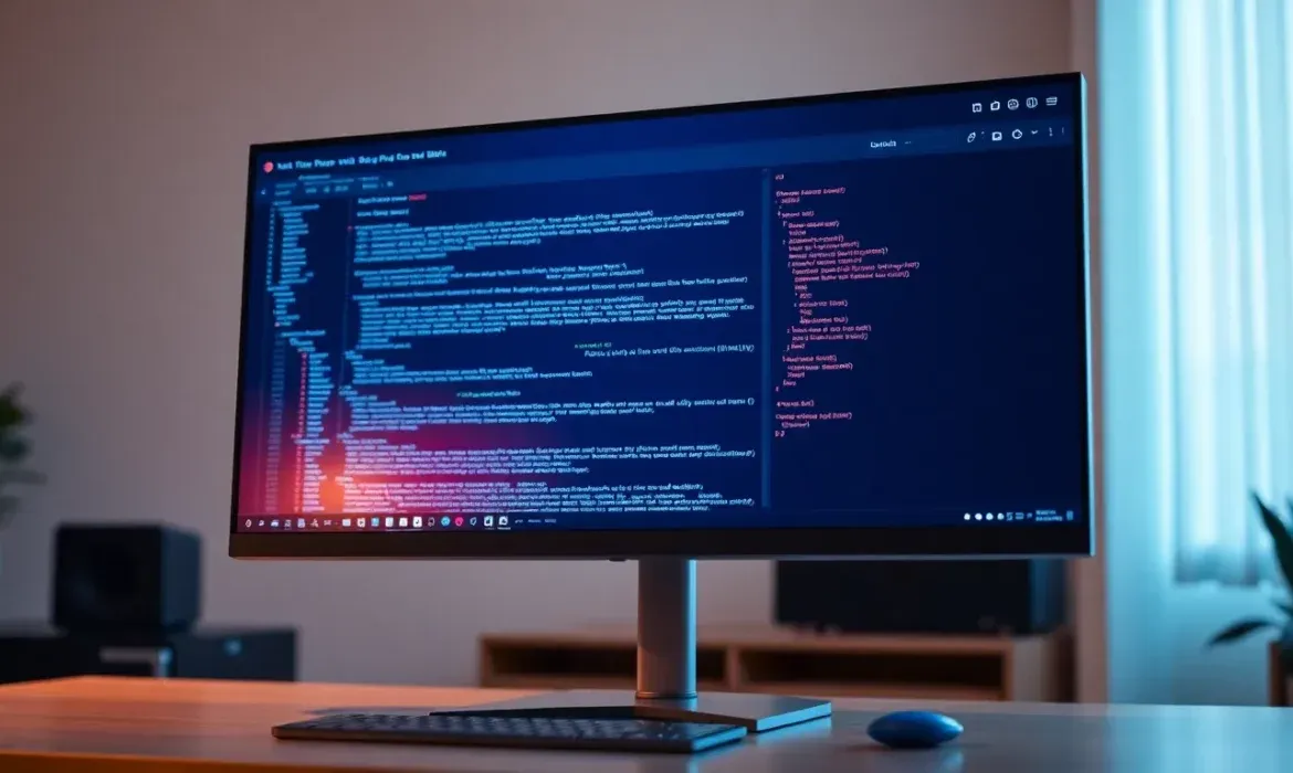 Monitor con editor de cรณdigo y consola para acceder devtools chrome errores web en una pantalla panorรกmica de tema oscuro sobre un escritorio con teclado y ratรณn, mostrando un editor dividido con lรญneas de cรณdigo resaltadas y una secciรณn de consola, iluminado por luz ambiental y con elementos de oficina domรฉstica como altavoces y plantas.