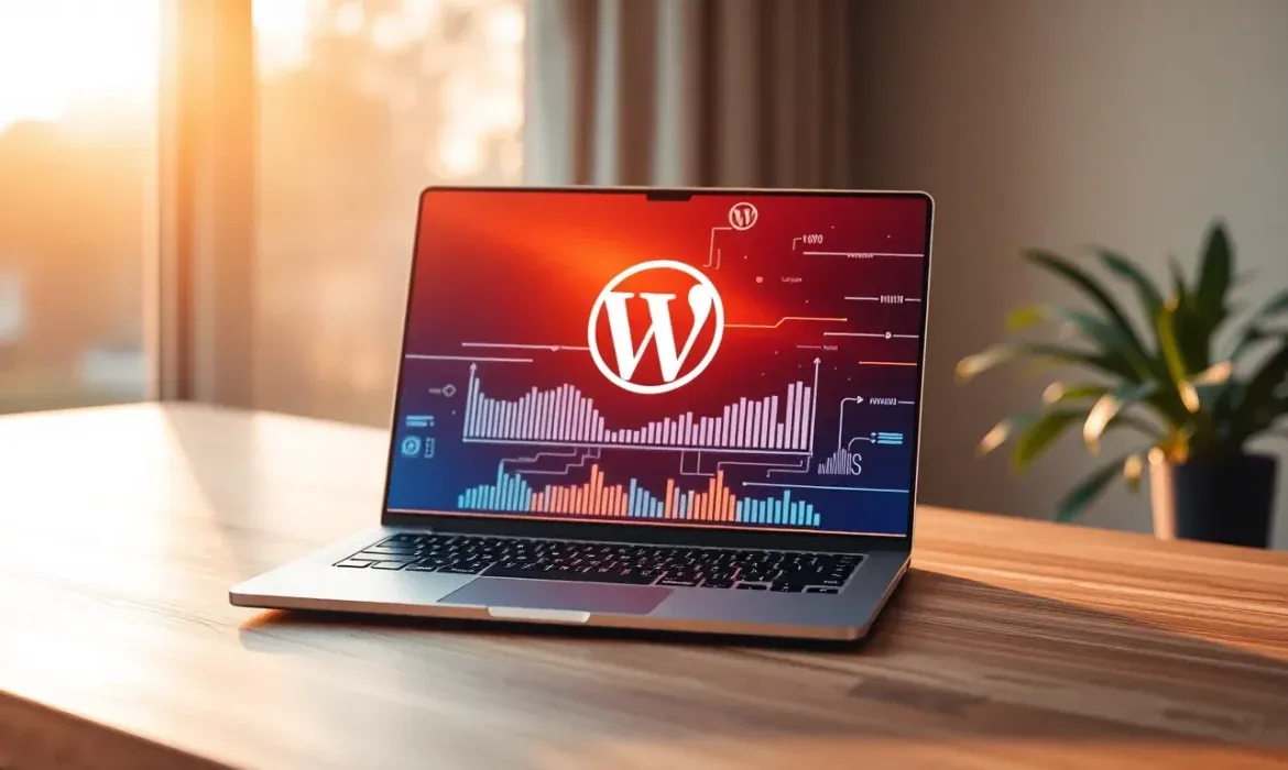 Portรกtil abierto sobre un escritorio de madera con la pantalla mostrando el logotipo de WordPress sobre grรกficos de barras y lรญneas, luz cรกlida de ventana y una planta al fondo, representando Actualizaciรณn automรกtica de WordPress.