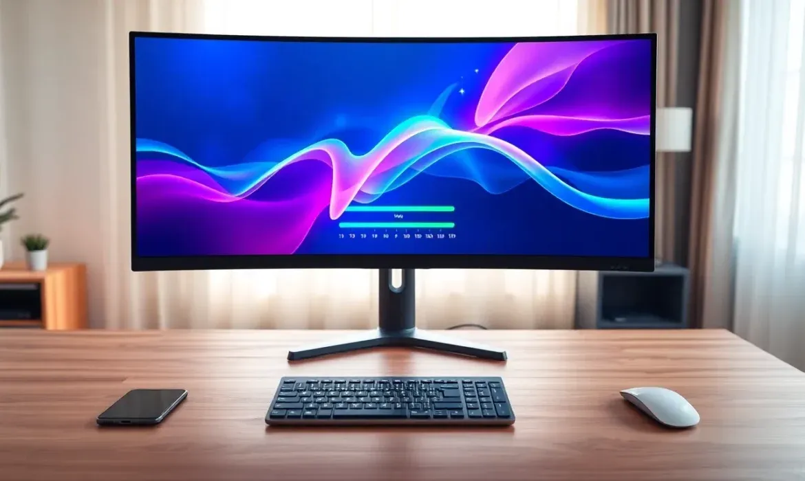 Estación de trabajo minimalista con monitor curvo ultrapanorámico que muestra una barra de progreso sobre un fondo abstracto azul y morado, acompañado de teclado compacto, ratón inalámbrico y smartphone sobre un escritorio de madera, imagen adecuada para ilustrar guías prácticas Como actualizar plugins y temas de WordPress manualmente