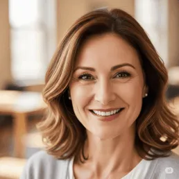 Retrato en primer plano de una mujer adulta sonriente con cabello castaño ondulado, piel luminosa, maquillaje natural y pendientes discretos, mirada cálida y fondo interior desenfocado que sugiere un entorno de oficina o hogar, optimizado para accesibilidad y SEO como etiqueta de ejemplo ana g