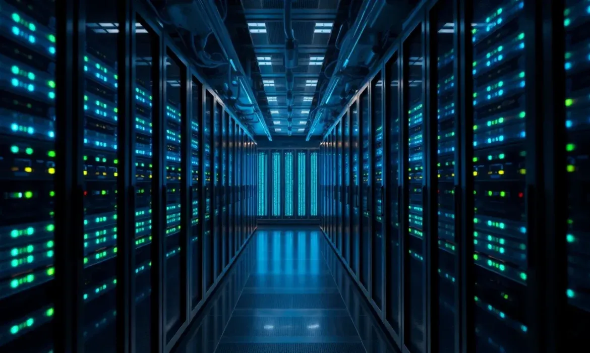 Pasillo de centro de datos con filas de racks y luces LED azules y verdes reflejadas en el suelo que ilustran una Base de datos WordPress segura y de alto rendimiento
