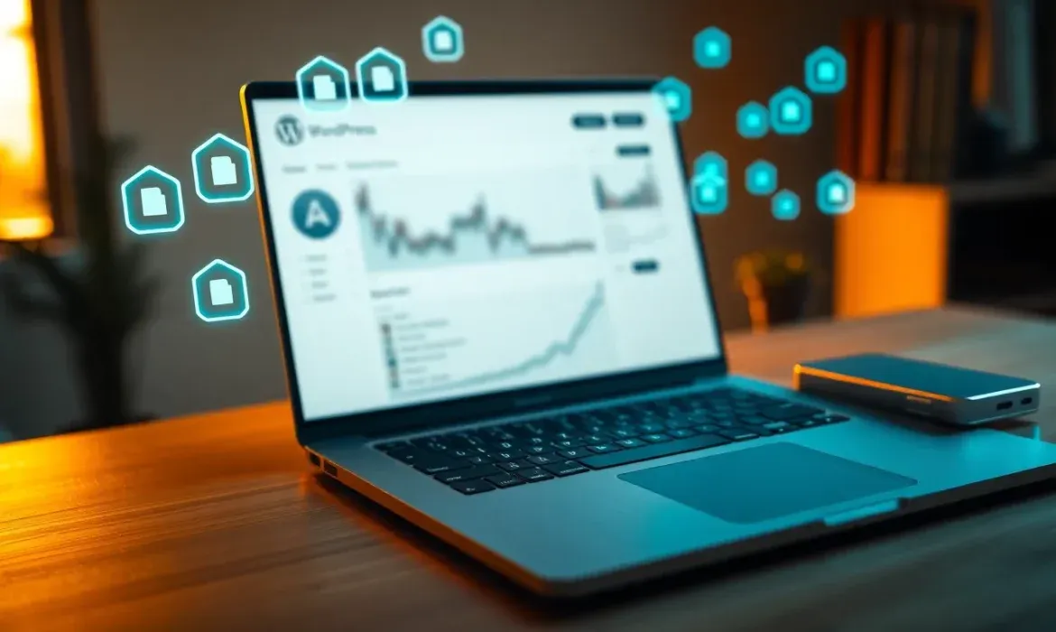 Portรกtil abierto mostrando un panel de WordPress con grรกficos y mรฉtricas, iconos flotantes de archivos que sugieren sincronizaciรณn o copias en la nube y un disco duro externo sobre la mesa, ideal para ilustrar la pregunta clave ยฟCada cuรกnto hacer backup de WordPress?