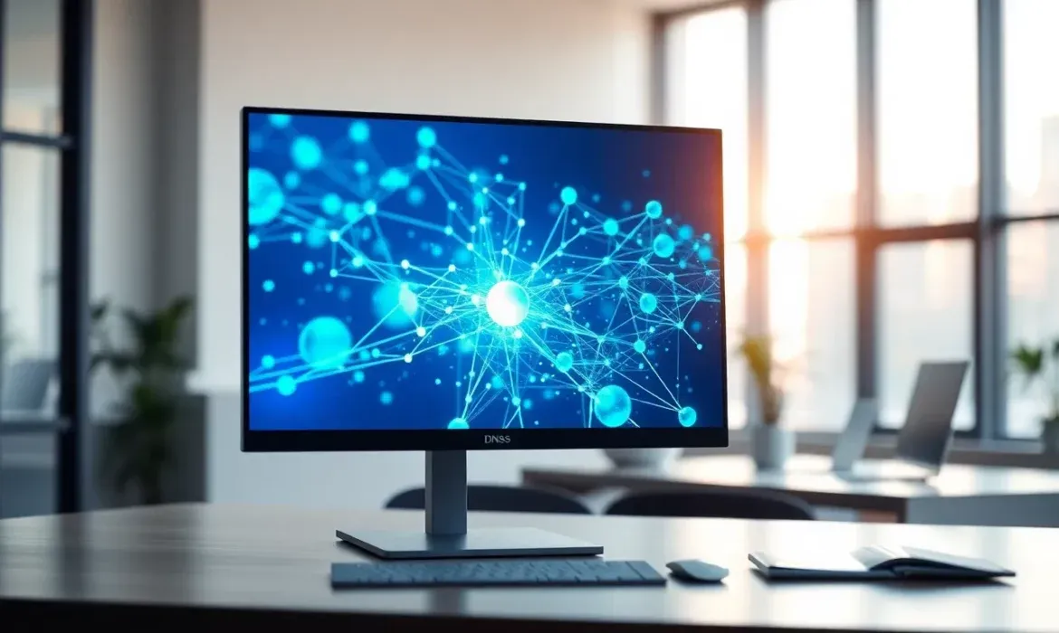 Pantalla de ordenador en un escritorio de oficina moderna muestra una visualizaciรณn azul de nodos y conexiones de red sobre un fondo luminoso, junto a teclado, ratรณn y cuaderno, ilustrando la idea de cambiar servidores dns.