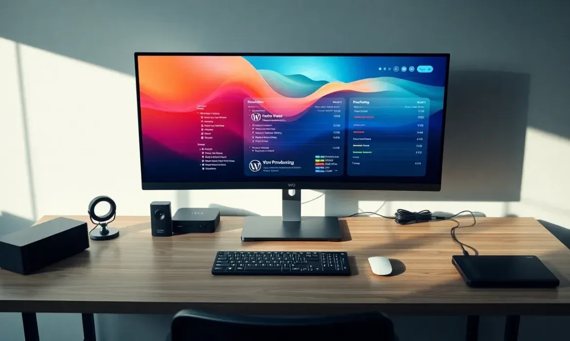 Escritorio minimalista bajo luz natural con monitor ultrapanorámico que muestra un panel de control colorido y widgets, teclado y ratón inalámbricos, disco duro externo y accesorios ordenados, imagen clara y profesional perfecta para acompañar una checklist mantenimiento wordpress mensual completa.