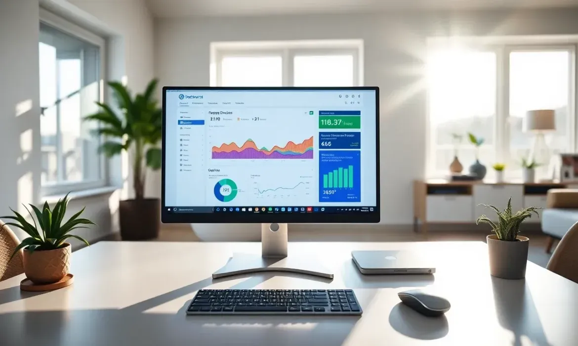 Oficina en casa luminosa con monitor central mostrando un dashboard de analรญtica y grรกficos, teclado, ratรณn, portรกtil y plantas decorativas, ideal para proyectos Cms WordPress.
