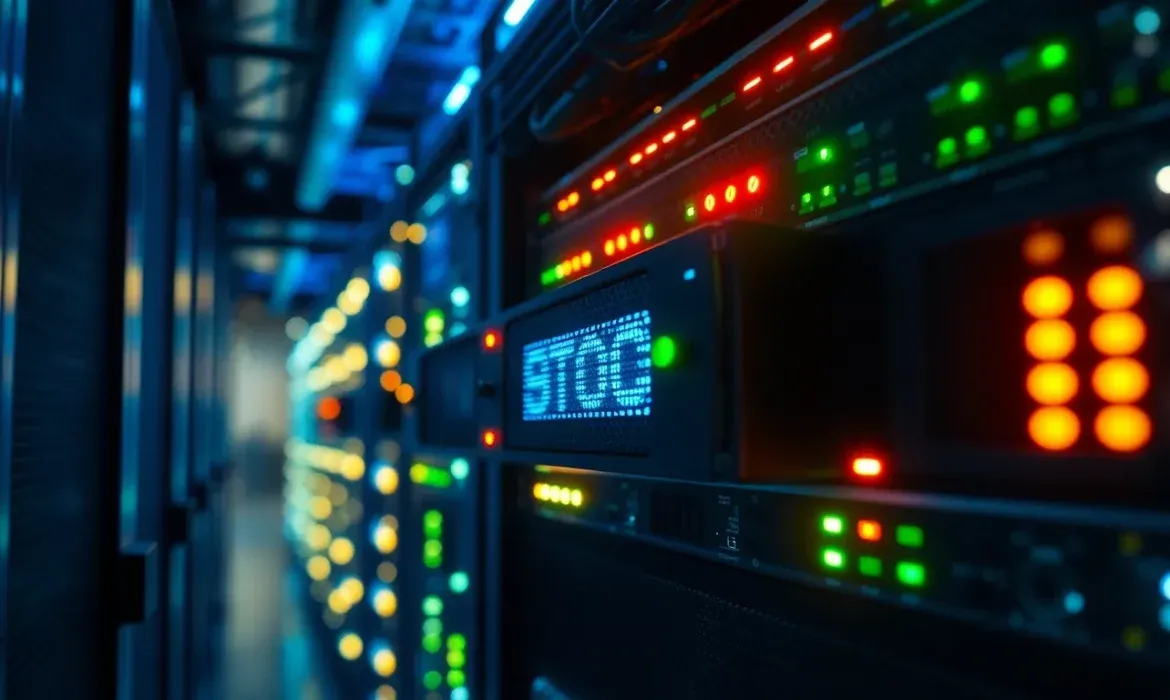 Centro de datos con racks de servidores y paneles LED verdes, rojos y naranjas parpadeantes, un display que muestra STOP y equipos de red que ilustran la importancia de comprobar bloqueo firewall hosting para garantizar seguridad, disponibilidad y monitorización de la infraestructura.