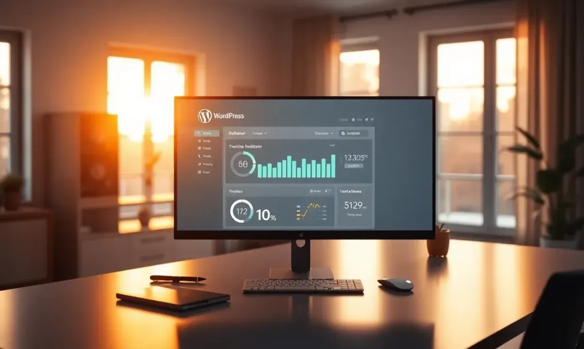 Monitor de escritorio en una oficina iluminada por el atardecer que muestra un panel de control de WordPress con grรกficos de barras, indicadores circulares y mรฉtricas de trรกfico junto a teclado, ratรณn, libreta y planta, ideal para Comprobar estado de plugins y tema WordPress.