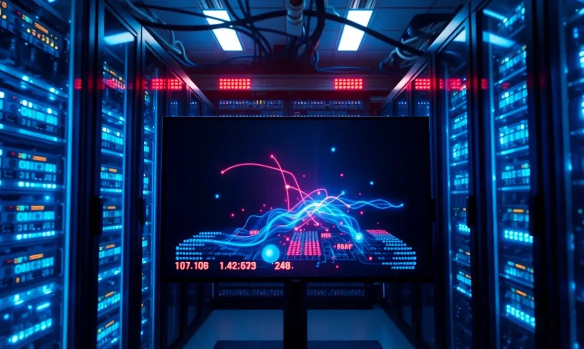 Sala de servidores con filas de racks iluminados en azul, un monitor central que muestra una visualización de datos con trazos luminosos rojos y azules y cables en el techo, sugiriendo la necesidad de Comprobar los logs del servidor web