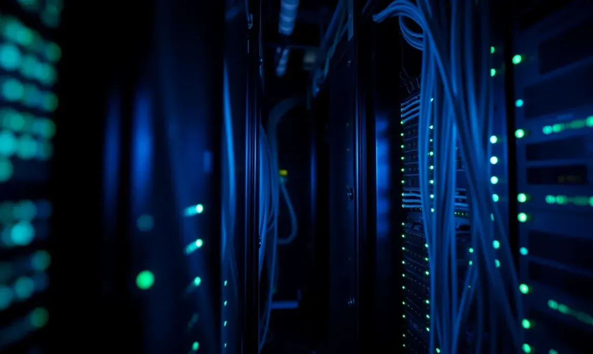 Sala de servidores con bastidores oscuros, cables azules ordenados y mรบltiples LEDs verdes parpadeantes que indican actividad de red, ideal para comprobar problemas dns.