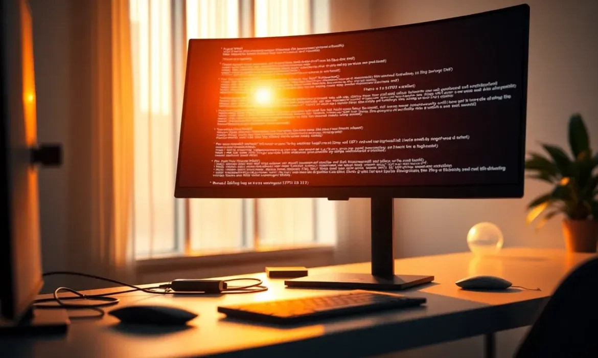 Escena de estación de trabajo minimalista con monitor curvo que muestra líneas de código y un fuerte reflejo del sol poniente sobre un escritorio con teclado, ratón y planta, destacando Monitor con código en escritorio al atardecer configuracion php mal resolver y transmitiendo un ambiente cálido de desarrollo web.