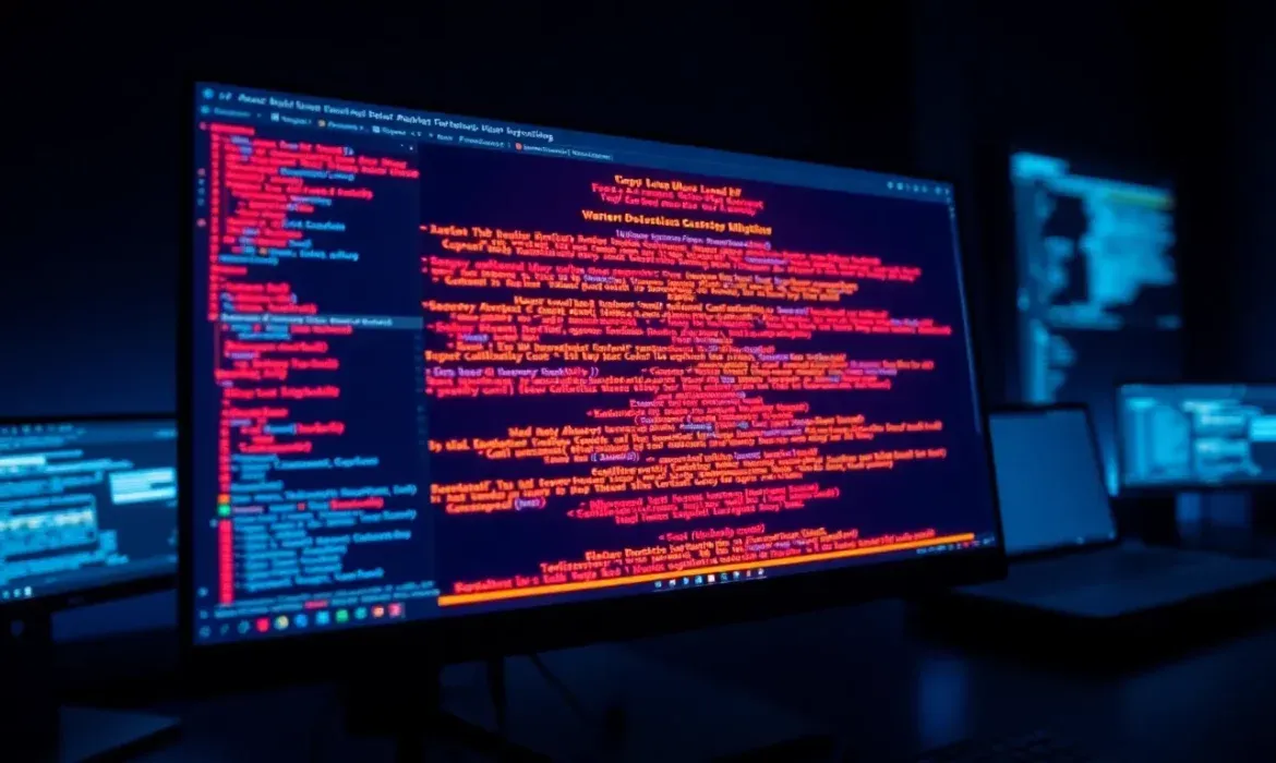 Monitor principal en ambiente oscuro mostrando texto de error en rojo y paneles de cรณdigo que indican una Consola de errores en el navegador web, con varios monitores y un portรกtil desenfocados al fondo que sugieren un entorno de programaciรณn y depuraciรณn.