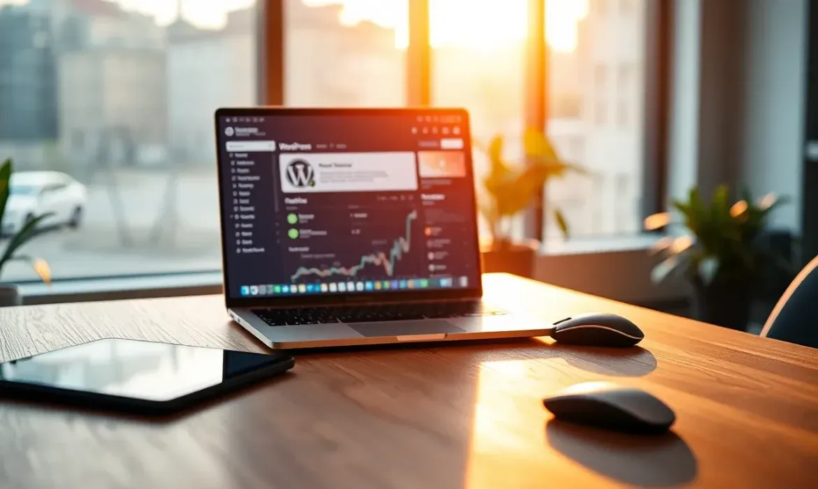 Portรกtil con el panel de WordPress visible sobre un escritorio de madera junto a una tableta y ratones inalรกmbricos, iluminado por la luz cรกlida que entra por grandes ventanales en una oficina con plantas, imagen que sugiere profesionalidad y la opciรณn Contratar mantenimiento WordPress