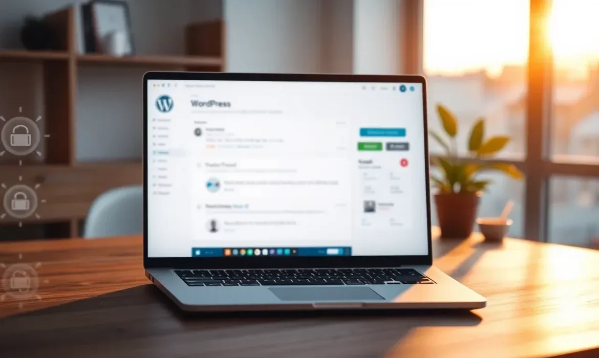 WordPress en portรกtil al atardecer, cuando poner wordpress modo mantenimiento, pantalla del panel de administraciรณn visible en un portรกtil sobre una mesa de madera iluminada por la luz cรกlida del sol poniente, con una planta y una taza desenfocadas al fondo y discretos iconos de seguridad en el lateral que sugieren mantenimiento y protecciรณn del sitio.