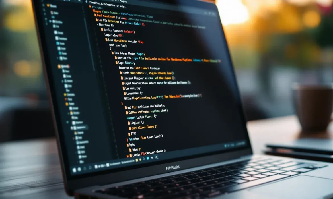 Portátil abierto sobre una mesa con un editor de código en pantalla que muestra estructuras de archivos y líneas relacionadas con plugins y FTP, ofreciendo una vista nítida y accesible para tareas técnicas como desactivar plugins wordpress ftp en un entorno de trabajo con fondo desenfocado al atardecer.
