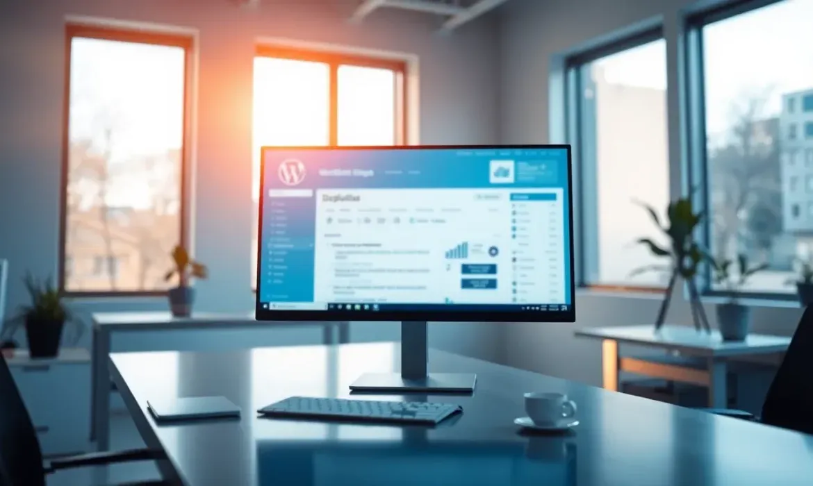 Oficina moderna y luminosa con un monitor que muestra un panel de WordPress desenfocado sobre un escritorio con teclado, taza y libreta, sugiriendo la necesidad de Deshabilitar plugin problemรกtico en WordPress para solucionar fallos.
