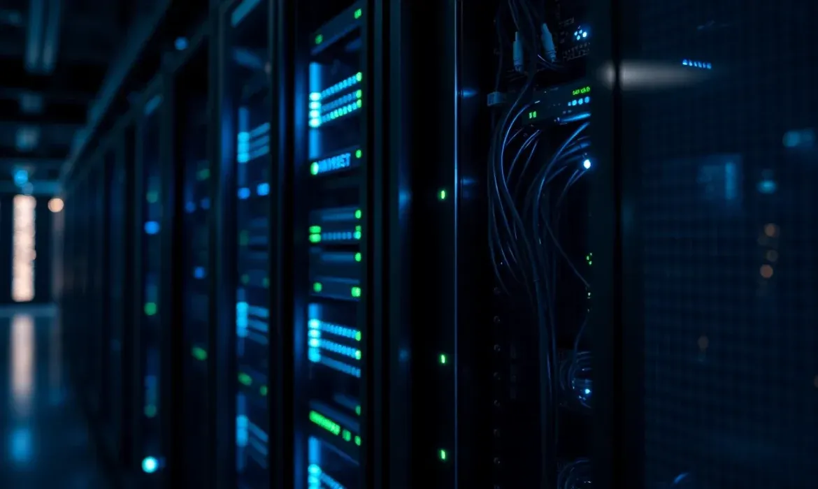 Interior de un centro de datos con filas de bastidores de servidores, cables organizados y luces LED azules y verdes, diseรฑado para detectar scripts maliciosos puertas traseras tu servidor web y transmitir profesionalismo y seguridad en la infraestructura.