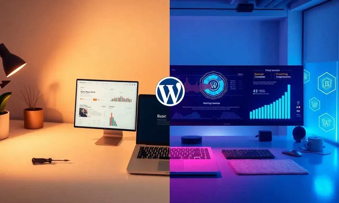 Escritorio dividido en tonos cรกlidos y frรญos con lรกmpara, plantas, portรกtil y monitor a la izquierda mostrando grรกficos, y pantalla panorรกmica con grรกficos, iconos y logo de WordPress a la derecha, ilustrando visualmente la diferencia hay mantenimiento basico premium wordpress entre ambientes de trabajo y niveles de gestiรณn web.