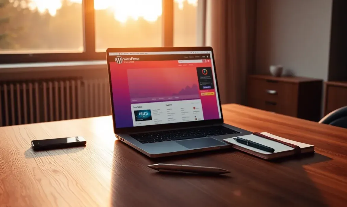 Portรกtil sobre un escritorio de madera con la pantalla mostrando el panel de administraciรณn de WordPress, acompaรฑado de un mรณvil, un cuaderno y un bolรญgrafo bajo la luz cรกlida del atardecer, perfecto para contenidos sobre donde contratar mantenimiento wordpress