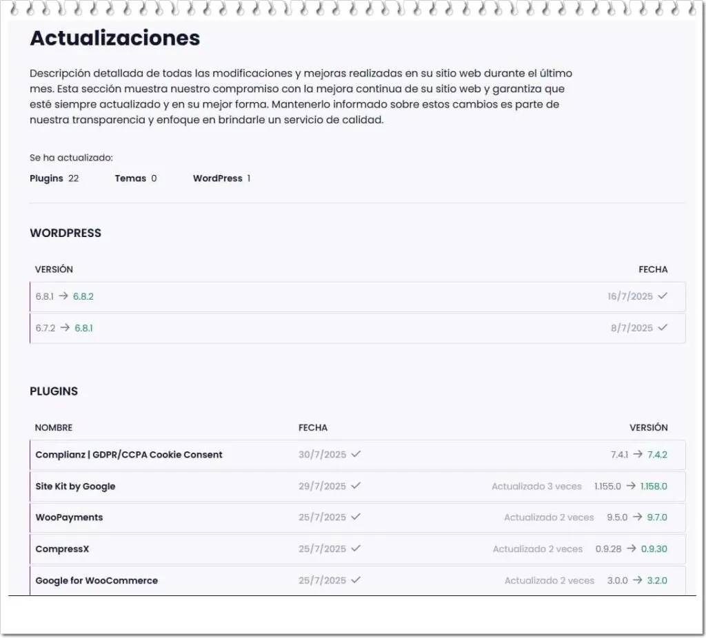 Panel de informe que muestra Actualizaciones de WordPress con un resumen accesible de versiones y fechas y una lista de plugins actualizados para mantenimiento, seguridad y compatibilidad del sitio web.